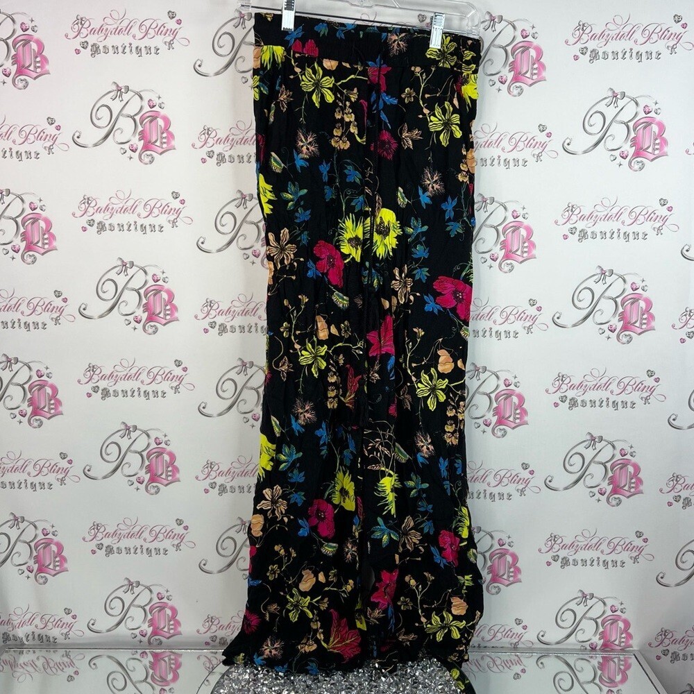 H&M pants wide leg flowers rainbow 🌈 neon Black Multicolor Floral Boot Cut Pant